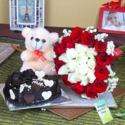 Heart Shape Cake and Soft Teddy with Roses for Mothers Day