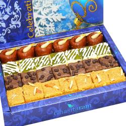 Assorted Sweets - Sweets- Assorted Box of Kaju Chocolate Barfi,Mango Bite, Mathura Diya and Besan Barfi 400 gms