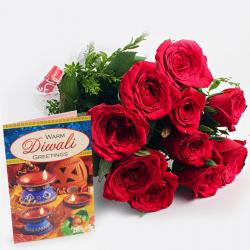 Diwali Express Gifts Delivery - Red Roses Bouquet with Diwali Card