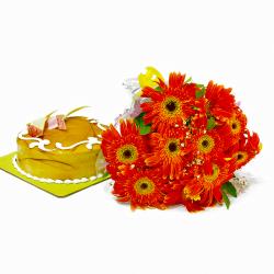 Flowers and Cake for Him - Fresh Orange Gerberas with Butterscotch Cake