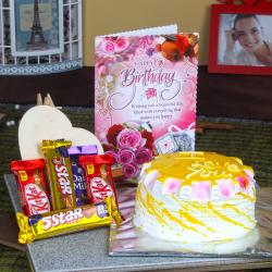 Send Birthday Card Hamper of Pineapple Cake and Assorted Chocolate Bars To Kakinada