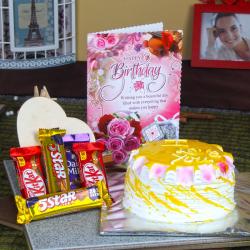 Send Birthday Card Hamper of Pineapple Cake and Assorted Chocolate Bars To Surat