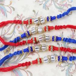 Set Of 5 Rakhis - Collection of Silver Shiny and Colorful Beads Rakhi