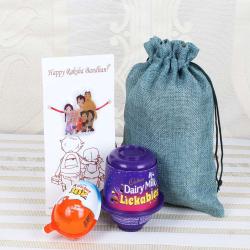 Rakhi Funny Gifts - Cadbury Dairy Milk Lickables with Kinder Joy and Chotta Bim Rakhi