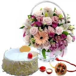 Rakhi With Cards - Rakhi Treat of Pineapple Cake and flowers