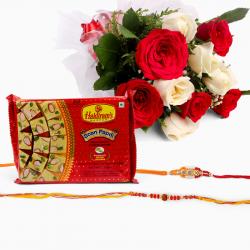 Rakhi with Cookies - Bouquet of 10 White and Red Roses with Soan Papdi  and Set of 2 Rakhi