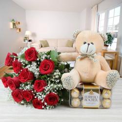 Flowers with Soft Toy - Ferrero Rocher with Red Roses Bouquet and Teddy