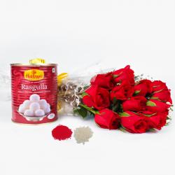 Bhai Dooj Sweets - 12 Red Roses Bouquet with Rasgulla Sweets for Bhau-Beej
