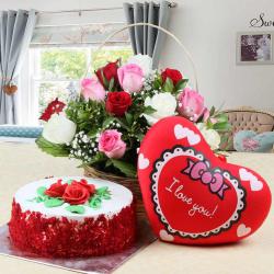Send Red Velvet Cake with Red Heart Small Cushion and Roses Arrangement To Burdwan