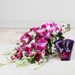 Birthday Gifts Same Day Delivery - Bouquet of Orchid with Fruit N Nut Chocolate