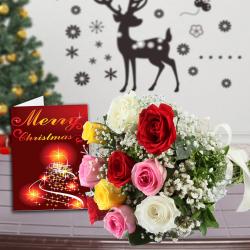 Christmas Gifts Citywise - 12 Mix Roses Bouquet and Merry Christmas Greeting Card