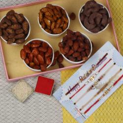 Rakhi With Dry Fruits - Five Rakhi with Honey Pizza Peri Peri Black Pepper Almonds and Chocolate Cashew 