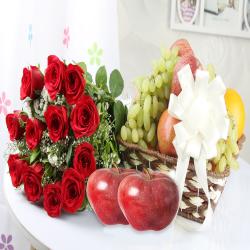Fresh Fruits - Fruit Basket with Red Roses Bouquet