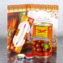 Rakhi With Cards - Rakhi Sweet Hamper of Gulab Jamun and Rakhi Greeting Card