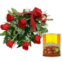 Gifts for Mother - Red Roses Bouquet And Gulab Jamun