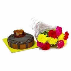 Flowers and Cake for Him - Assorted 10 Carnations Bouquet with Chocolate Cake