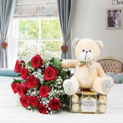 Valentine Flowers with Teddy Soft Toy - Valentine Special Gift of Ferrero Rocher Chocolate with Roses Bouquet and Teddy Bear