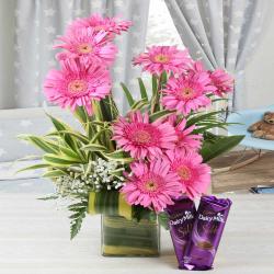 Womens Day Express Gifts Delivery - Cadbury Dairy Milk Silk Chocolate with Pink Gerberas in Vase