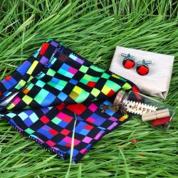 Polyester Chexs Print Cufflinks and Handkerchief and Message Scroll Bottle