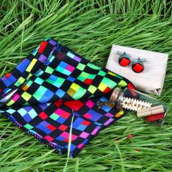 Valentine Gifts for Husband - Polyester Chexs Print Cufflinks and Handkerchief and Message Scroll Bottle