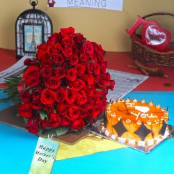 Mothers Day Gifts to Ghaziabad - Butterscotch Cake with Red Roses Bouquet For Mothers Day