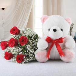 Teddy Day - Valentine Gift Combo of Red Roses Bouquet with Teddy Bear