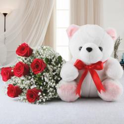 Valentine Flowers with Teddy Soft Toy - Valentine Gift Combo of Red Roses Bouquet with Teddy Bear