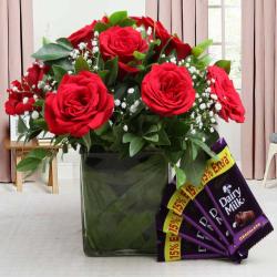 Birthday Chocolates - Cadbury Dairy Milk Chocolate Bars with Red Roses in a Vase