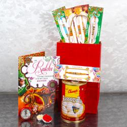 Rakhi With Cards - Rakhi Gift Bag of 5 Rakhis and Rasgulla with Laxmi Ganesha Coin