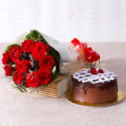 1st Anniversary Gifts - Delicious Chocolate Cake with Ten Red Roses Bunch