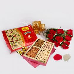 Bhai Dooj Sweets - Bhai Dooj Gift for Red Roses Bouquet with Assorted Dry Fruits and Soan Papdi