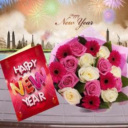 Send New Year Gift 18 Mix Flowers Bunch with New Year Greeting Card To Jalandhar