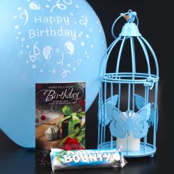 Birthday Trending Gifts - Birthday Combo of Blue Bird Cage and Bounty Chocolates with Birthday Card and Ballon along with Candle