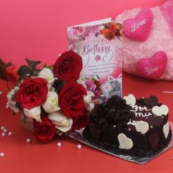 Gifts for Wife - Heart Shape Cake and Ten Mix Roses Bouquet with Birthday Card