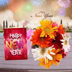 New Year Flowers - Mix Gerberas Bouquet and New Year Greeting Card