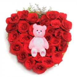 Heart Shape Arrangement - Cute Teddy with Rose Heart For You