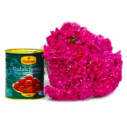 Send Mouthmelting 1 Kg Gulab Jamuns with 15 Pink Carnations Flowers To Bangalore