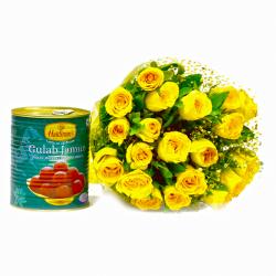 Mix Flower Hampers - Twenty Yellow Roses Bouquet with 1 Kg Gulab Jamuns