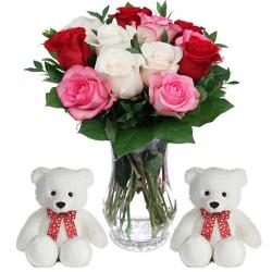 Heart Shaped Soft Toys - Trio color Roses vase with 2 Teddies
