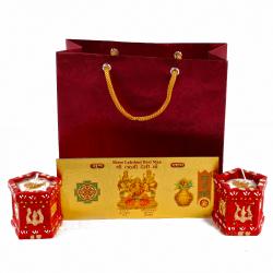 Diwali Lamps - Tulsi Pot shaped Earthen Diyas with Gold Plated Lakshmi Note in a Gift Bag