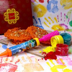 Holi Gifts - Jalebi Ghevar Sweet with Herbal Holi Colors and Pichkari