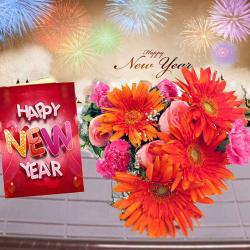 New Year Flowers - Mix Flowers Bouquet and New Year Greeting Combo