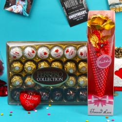 Romantic Gift Hampers for Her - Golden Rose and Rocher Choco Hamper