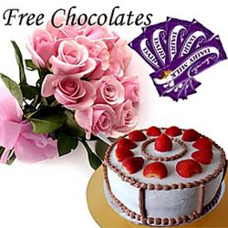 Gifts for Husband - Cake And Chocolates With Pink Roses Bouquet