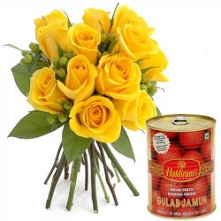 Valentine Flowers with Sweets - Gulab Jamun With Yellow Roses