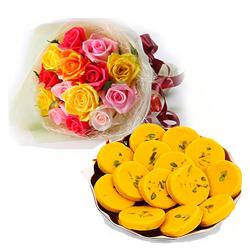 Ganesh Chaturthi - Colorful Roses Bouquet with Kesar Peda