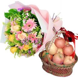 Fresh Fruits - Birthday Apples Basket with Flowers
