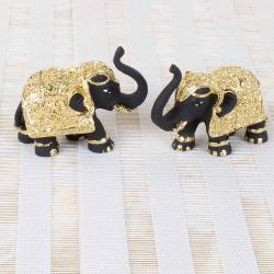 House Warming Gifts for New Home - Gold Plated Royal Black Elephants Decorative Showpiece