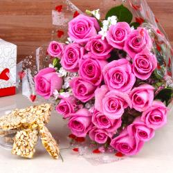 Makar Sankranti - Peanut Chikki with Pink Roses Bouquet