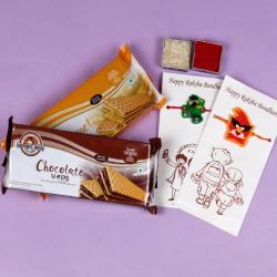 Rakhi With Chocolates - Two Kids Rakhis and Wafer Biscuits Combo